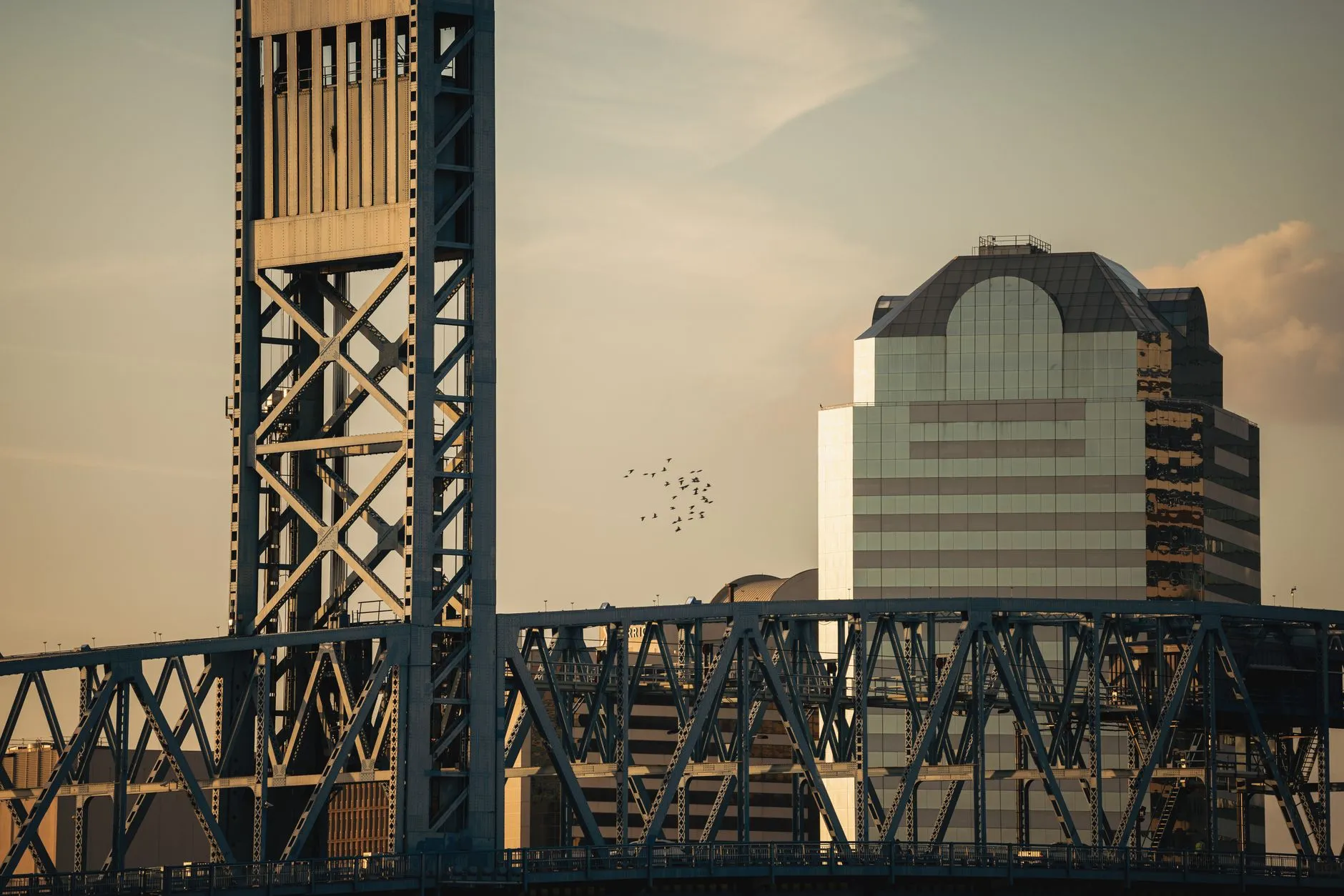 The Main Street lift bridge and downtown Jacksonville towers at golden hour