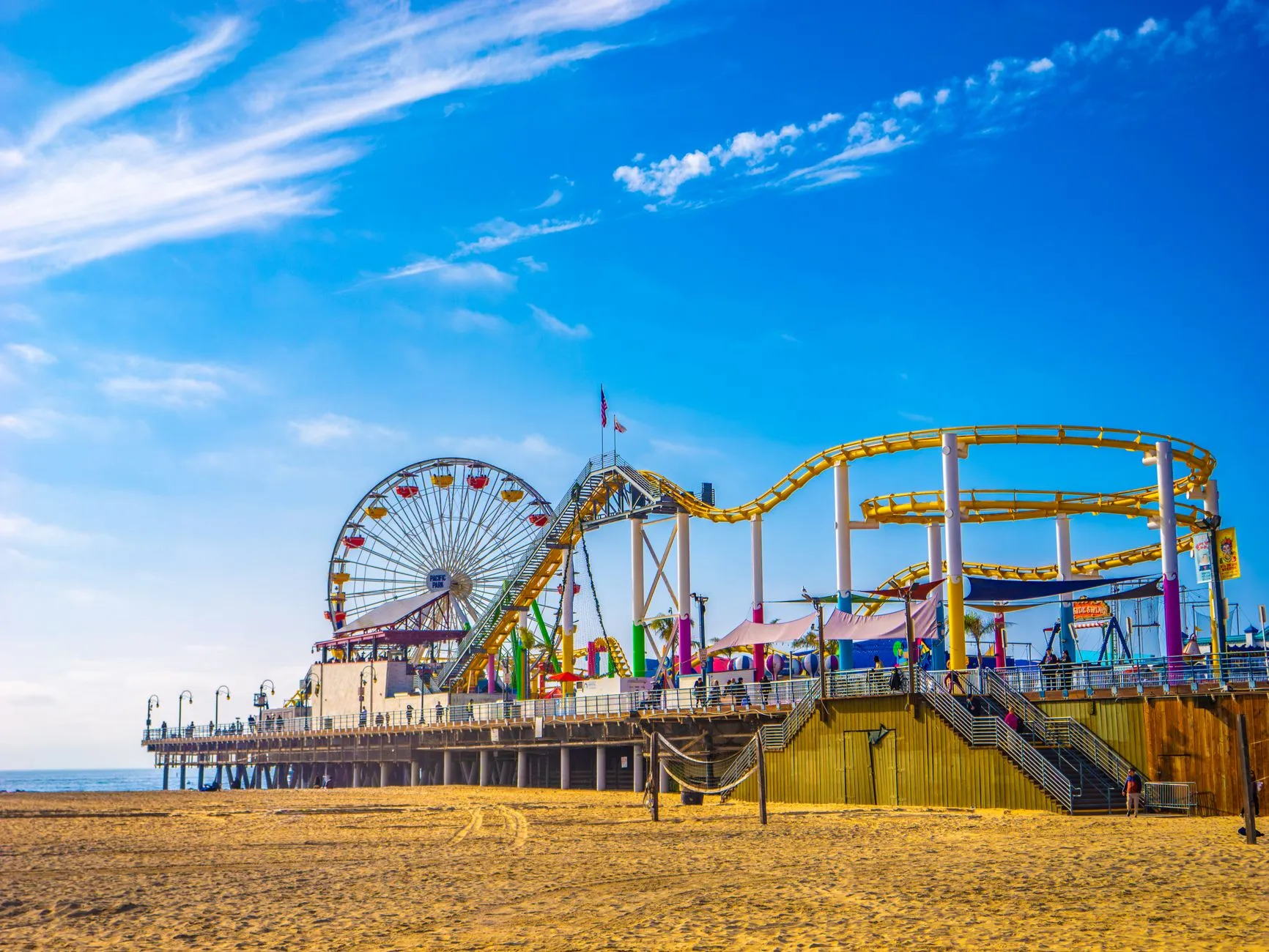The Santa Monica Pier on the Los Angeles coast, with the Pacific Park Ferris wheel and yellow roller coaster over the beach under a clear blue sky