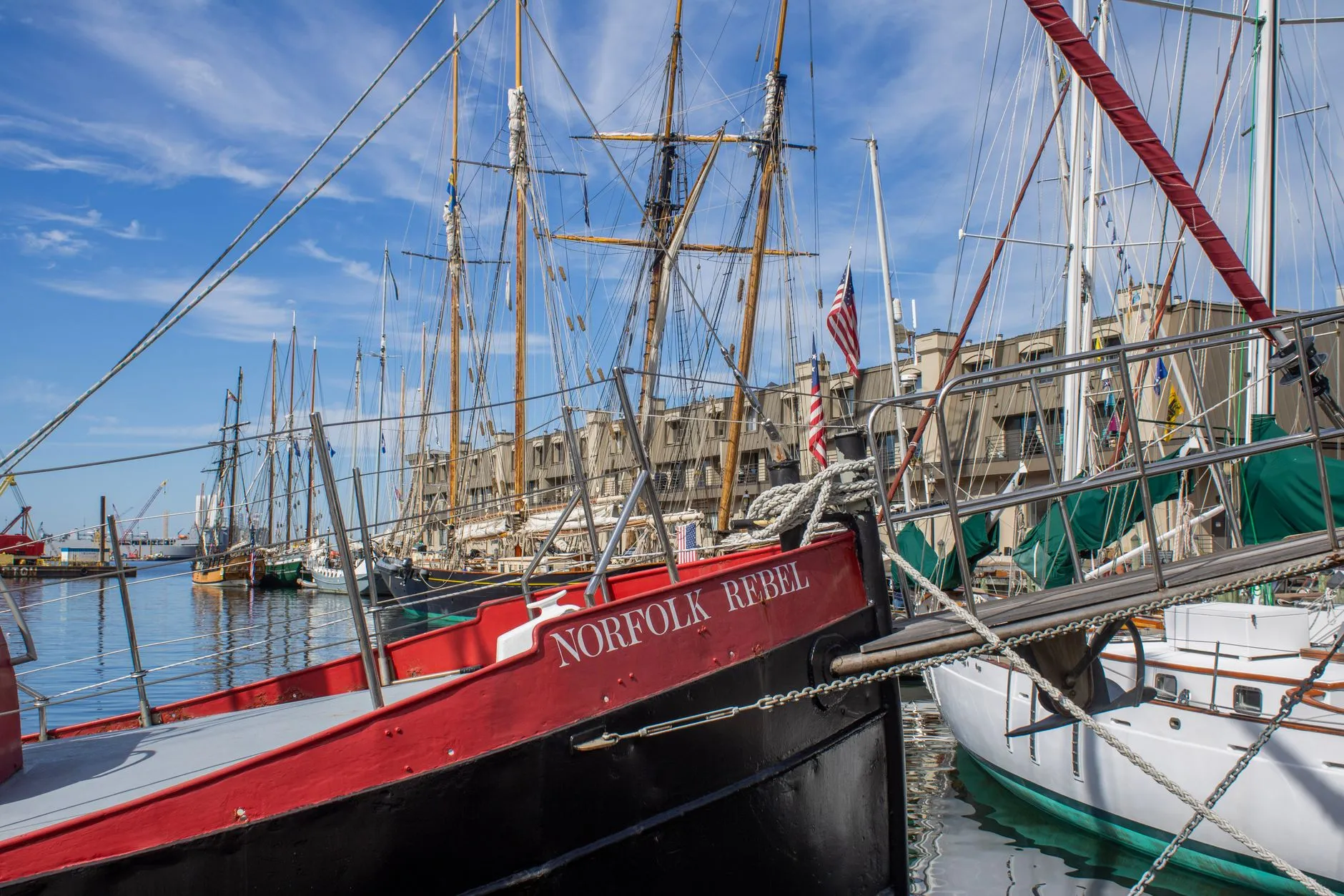 The schooner Norfolk Rebel moored bow on at Norfolk's waterfront, among a row of tall ship masts under a blue sky