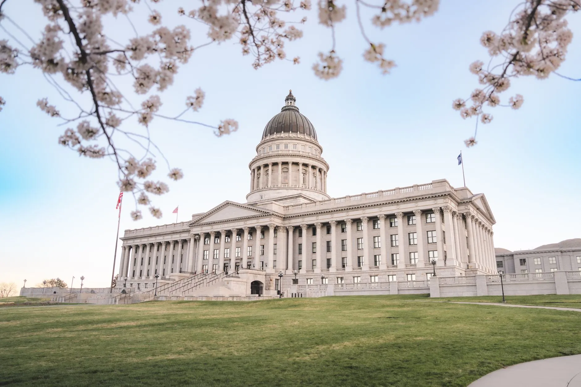 The Utah State Capitol in Salt Lake City, its granite dome and colonnade framed by cherry blossom on a clear spring morning
