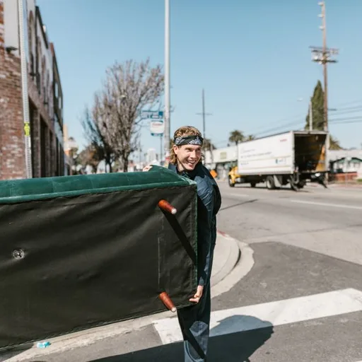 A mover carrying a wrapped sofa across a sunny street