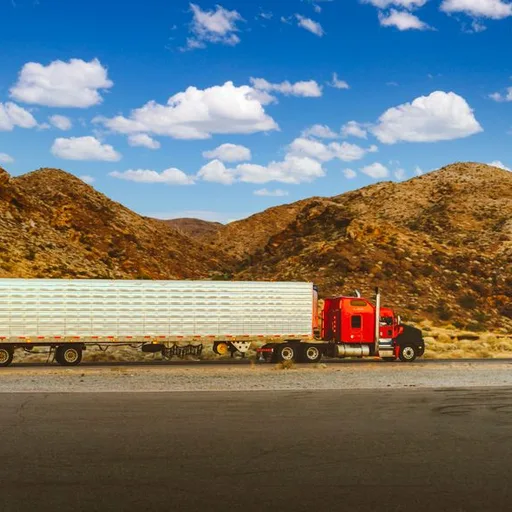 A tractor trailer on a desert highway between mountains